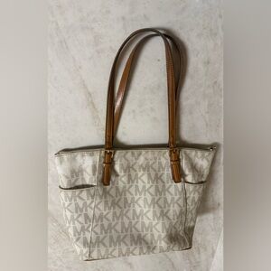 Michael Kors Cream Signature MK Canvas Tote with Brown Leather Straps
